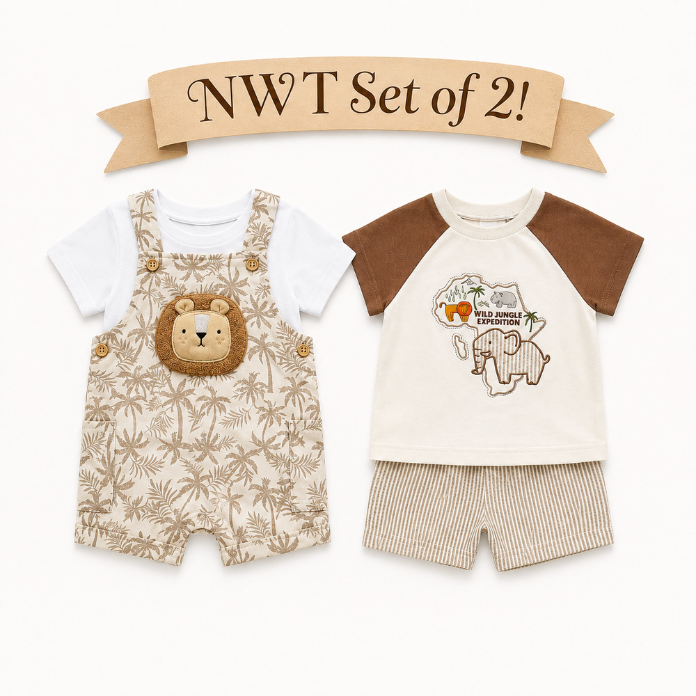 NWT Baby Essentials Set of 2 Boys 2-Piece Short Sets Jungle Safari Outfit Bundle